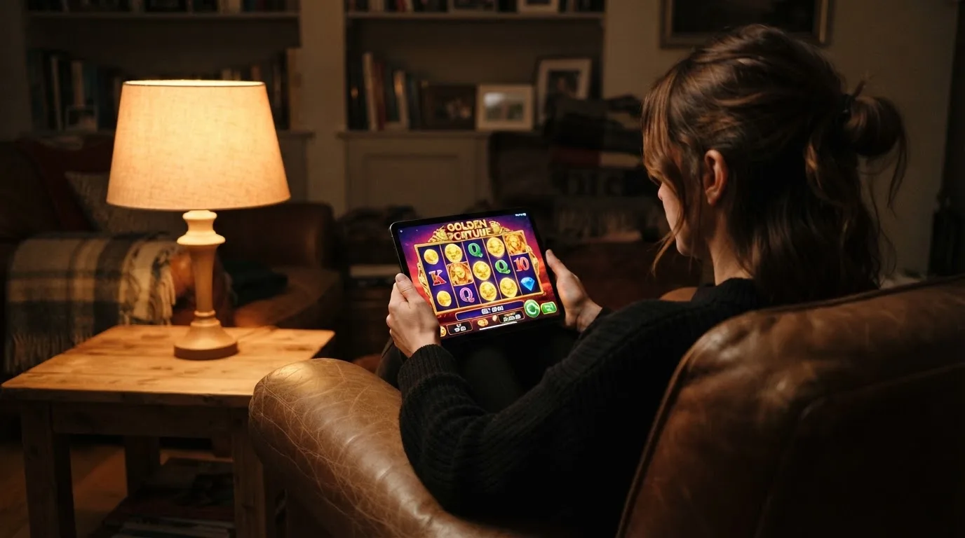 Person sitzt entspannt auf einem Sessel und blickt konzentriert auf ein Tablet in gedämpftem Abendlicht.