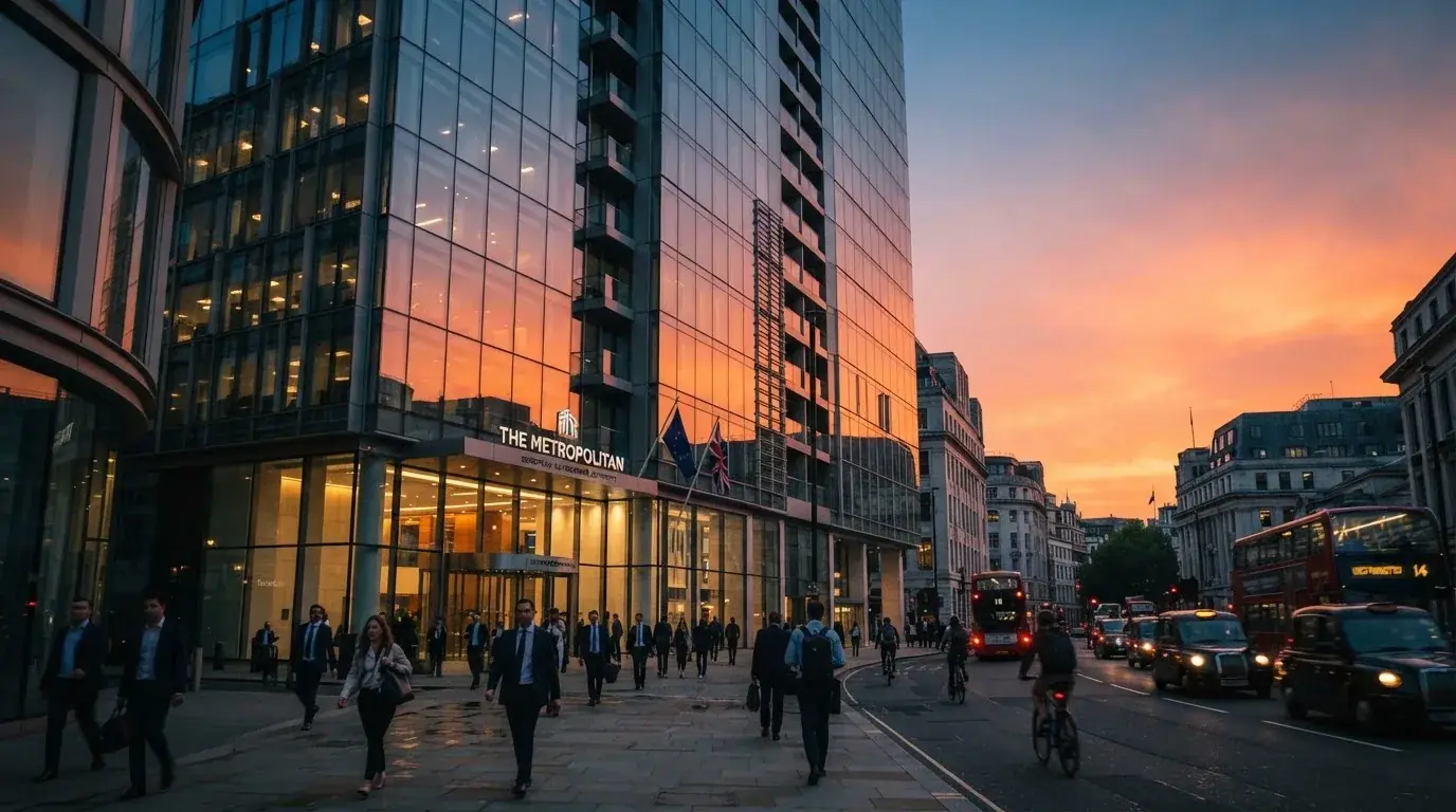 Modernes Glasbürogebäude in Wien bei Sonnenuntergang, aufgenommen von einer belebten Straße aus.