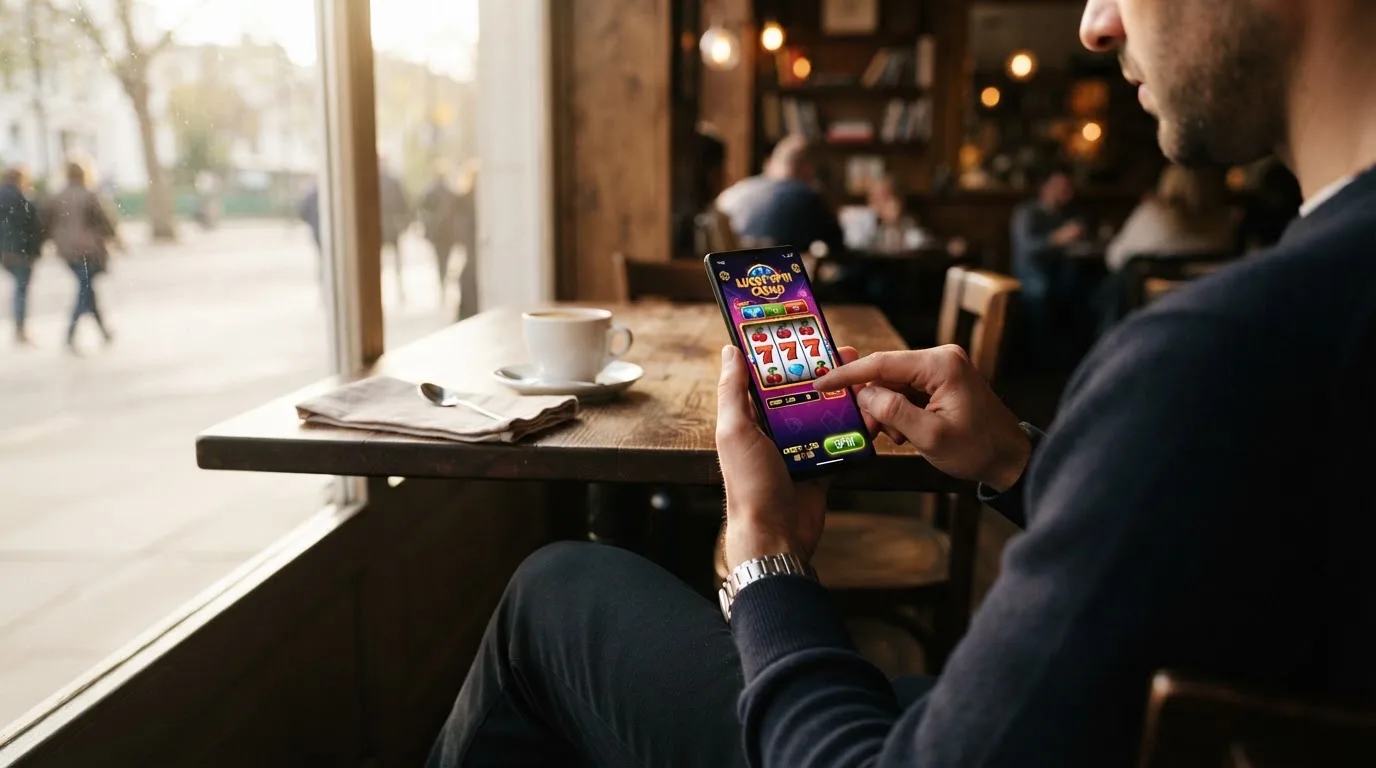Person tippt auf ein Smartphone-Display, während sie an einem Cafétisch am Fenster sitzt.