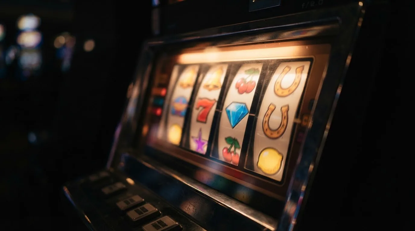 Nahaufnahme eines beleuchteten Spielautomaten-Bildschirms von der Seite, ohne erkennbare Symbole im Fokus.