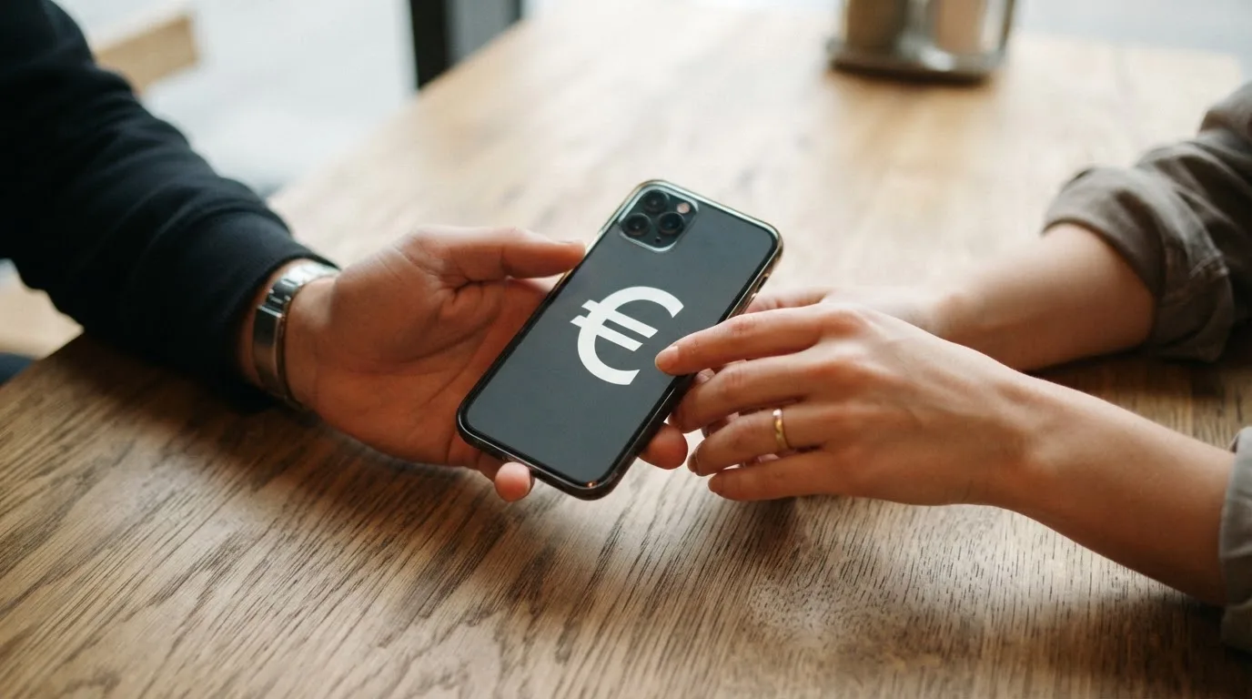 Nahaufnahme zweier Hände, die ein Smartphone übergeben, an einem Holztisch bei Tageslicht.